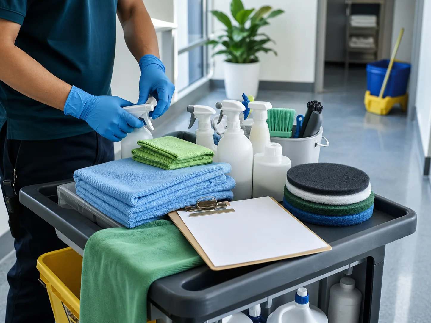 Organized professional cleaning supplies prepared for a service appointment